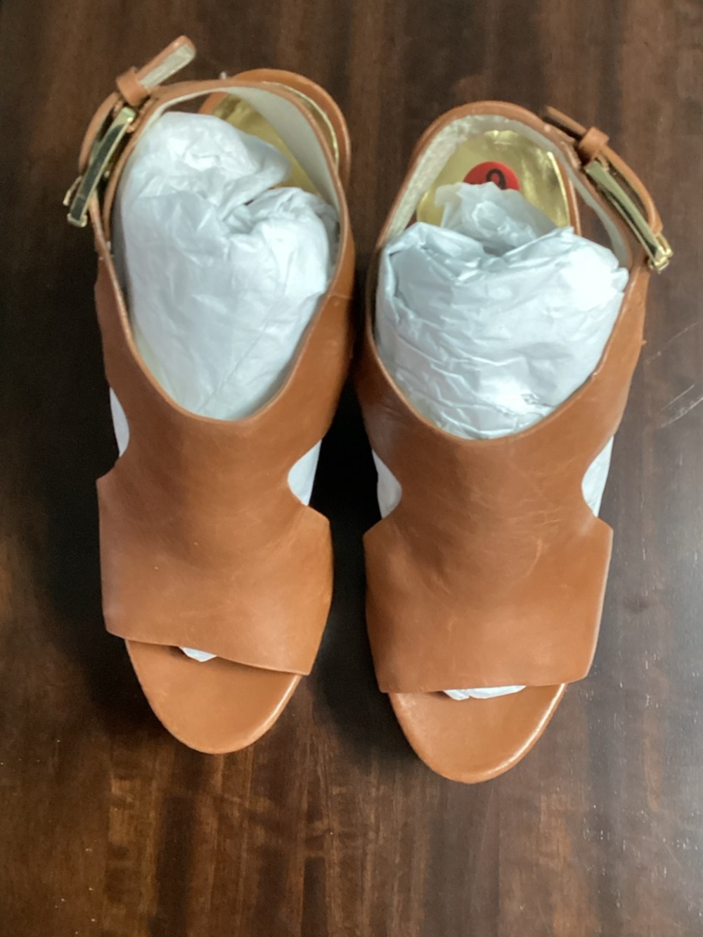 MICHAEL Michael Kors Tan Leather Peep-Toe Slingback Sandals with Gold Buckle